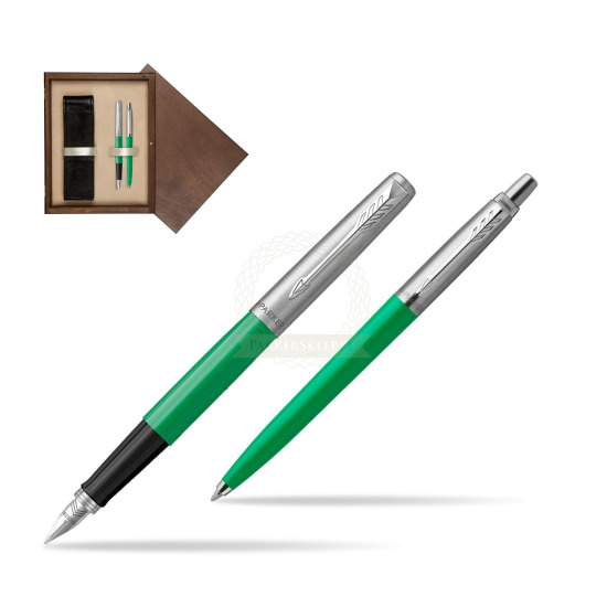 Zestaw Prezentowy Parker Pióro Wieczne + Długopis Jotter Originals Zielony w pudełku drewnianym Wenge Double Ecru