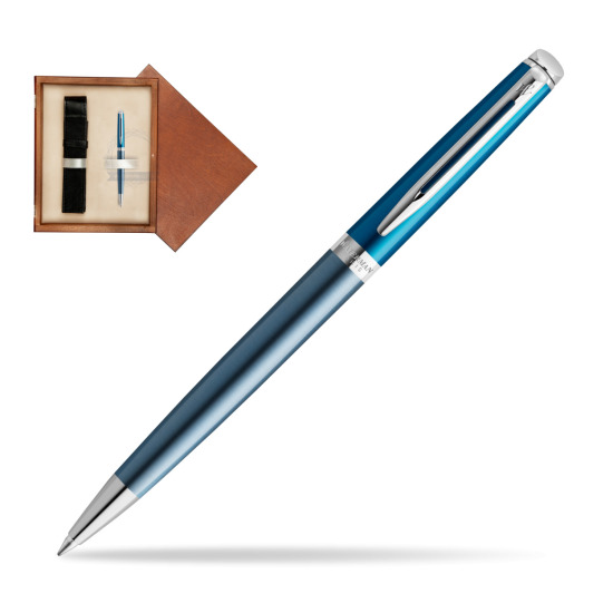 Długopis Waterman Hemisphere Sea Blue - kolekcja French Riviera w pudełku drewnianym Mahoń Single Ecru