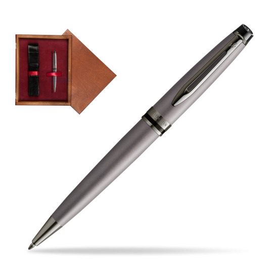 Długopis Waterman Expert Metalic Srebrny CT w pudełku drewnianym Mahoń Single Bordo