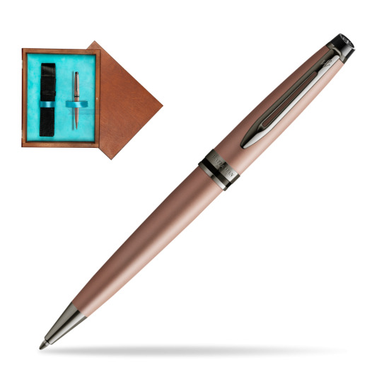 Długopis Waterman Expert Metalic Różowe Złoto CT w pudełku drewnianym Mahoń Single Turkus