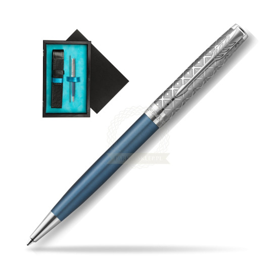Długopis Parker Sonnet Premium Metal & Blue CT w pudełku drewnianym Czerń Single Turkus