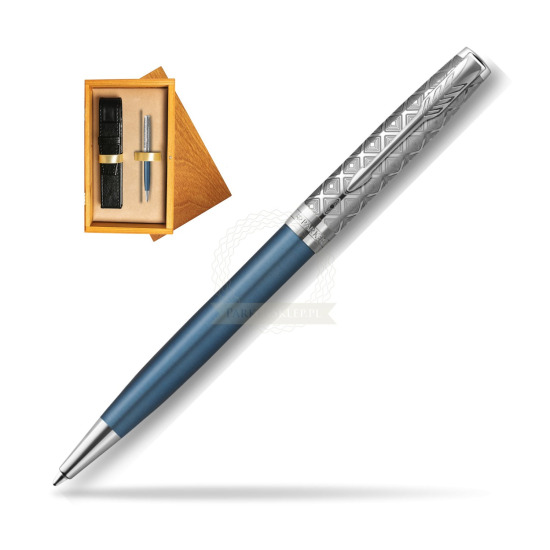 Długopis Parker Sonnet Premium Metal & Blue CT w pudełku drewnianym Honey Single Ecru