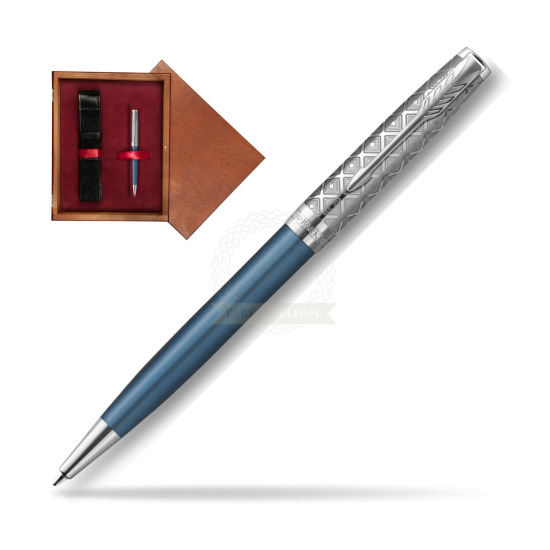 Długopis Parker Sonnet Premium Metal & Blue CT w pudełku drewnianym Mahoń Single Bordo