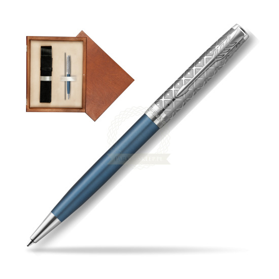 Długopis Parker Sonnet Premium Metal & Blue CT w pudełku drewnianym Mahoń Single Ecru