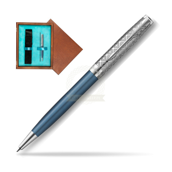 Długopis Parker Sonnet Premium Metal & Blue CT w pudełku drewnianym Mahoń Single Turkus