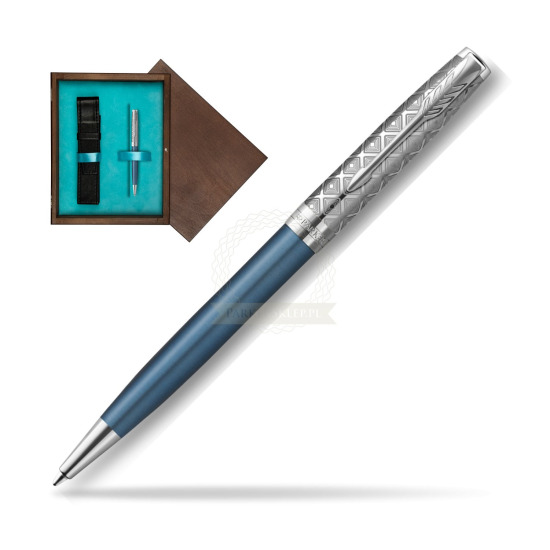 Długopis Parker Sonnet Premium Metal & Blue CT w pudełku drewnianym Wenge Single Turkus