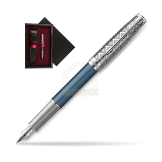 Pióro wieczne Parker Sonnet Premium Metal & Blue CT w pudełku drewnianym Czerń Single Bordo