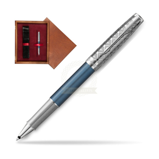 Pióro kulkowe Parker Sonnet Premium Metal & Blue CT w pudełku drewnianym Mahoń Single Bordo