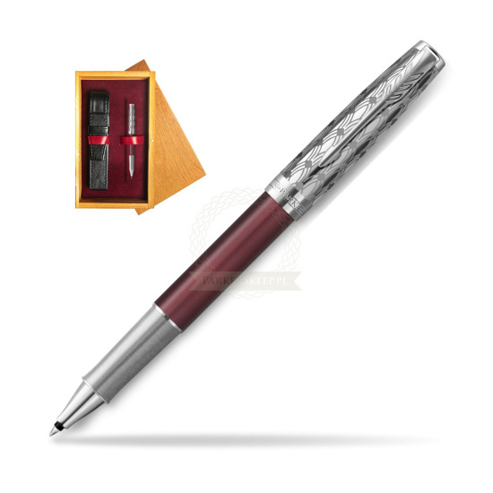 Pióro kulkowe Parker Sonnet Premium Metal & Red CT w pudełku drewnianym Honey Single Bordo