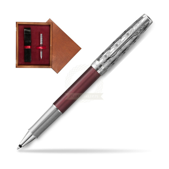 Pióro kulkowe Parker Sonnet Premium Metal & Red CT w pudełku drewnianym Mahoń Single Bordo