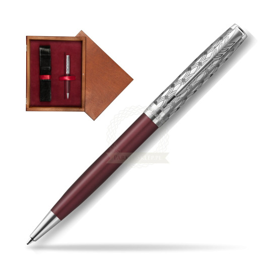 Długopis Parker Sonnet Premium Metal & Red CT w pudełku drewnianym Mahoń Single Bordo