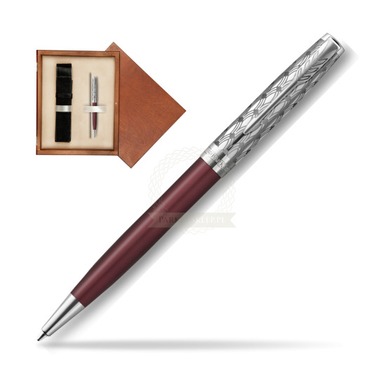 Długopis Parker Sonnet Premium Metal & Red CT w pudełku drewnianym Mahoń Single Ecru