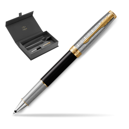 Pióro kulkowe Parker Sonnet Premium Metal & Black GT w oryginalnym pudełku Parker, wsuwane etui