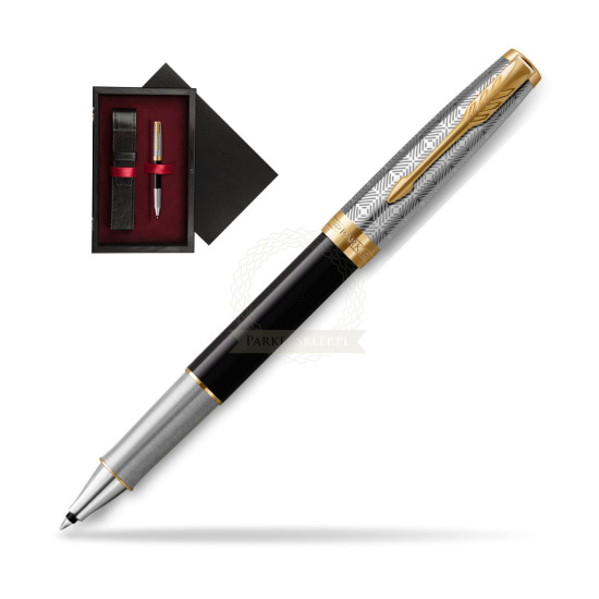 Pióro kulkowe Parker Sonnet Premium Metal & Black GT w pudełku drewnianym Czerń Single Bordo