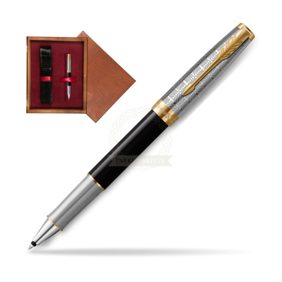 Pióro kulkowe Parker Sonnet Premium Metal & Black GT w pudełku drewnianym Mahoń Single Bordo