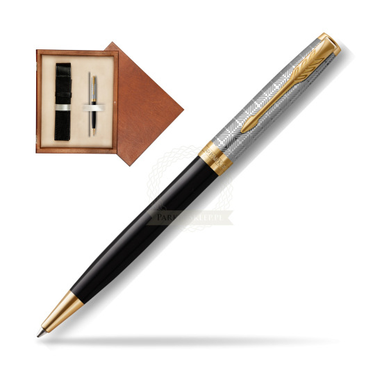 Długopis Sonnet Premium Metal & Black GT w pudełku drewnianym Mahoń Single Ecru