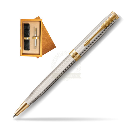 Długopis Parker Sonnet Premium Silver Mistral GT w pudełku drewnianym Honey Single Ecru