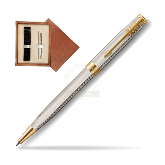 Długopis Parker Sonnet Premium Silver Mistral GT w pudełku drewnianym Mahoń Single Ecru