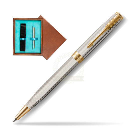 Długopis Parker Sonnet Premium Silver Mistral GT w pudełku drewnianym Mahoń Single Turkus