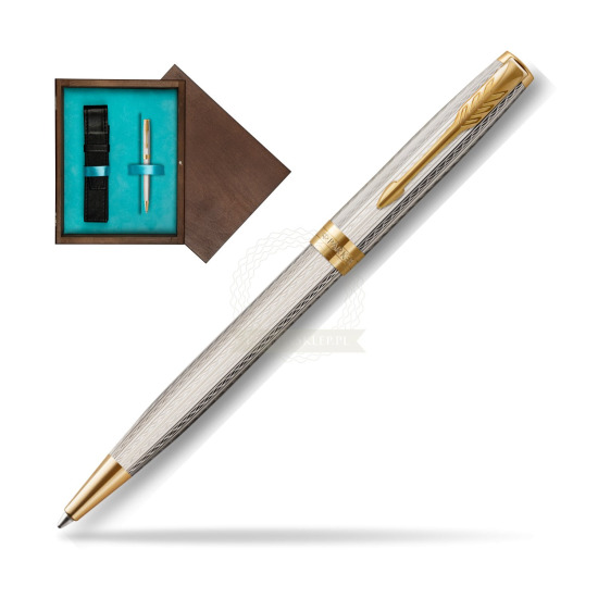 Długopis Parker Sonnet Premium Silver Mistral GT w pudełku drewnianym Wenge Single Turkus