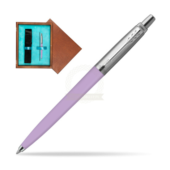 Długopis Parker Jotter Originals Pastel Lilac w pudełku drewnianym Mahoń Single Turkus