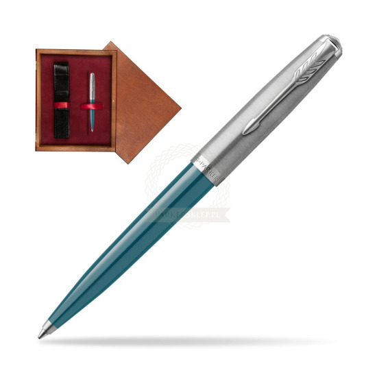 Długopis Parker 51 Teal Blue CT w pudełku drewnianym Mahoń Single Bordo