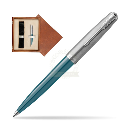 Długopis Parker 51 Teal Blue CT w pudełku drewnianym Mahoń Single Ecru