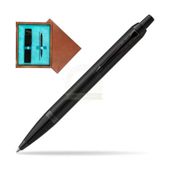 Długopis Parker IM Achromatic Black w pudełku drewnianym Mahoń Single Turkus