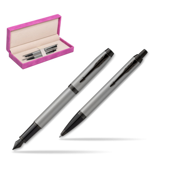 Zestaw Prezentowy Parker Pióro wieczne + Długopis IM Achromatic Grey w pudełku zamszowym fuksja