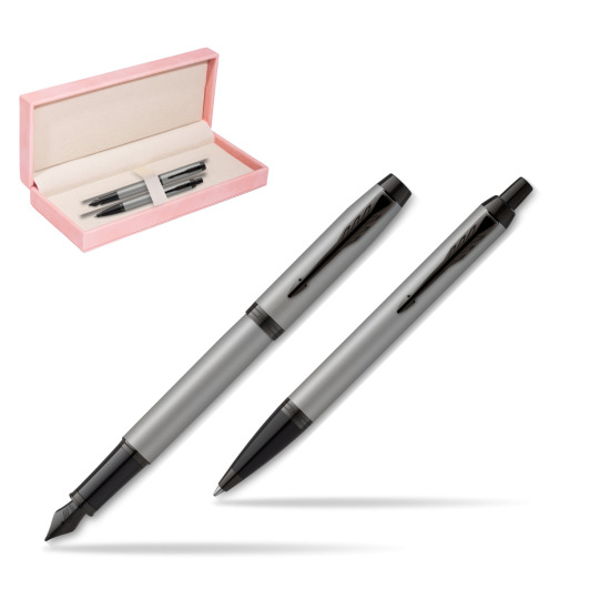 Zestaw Prezentowy Parker Pióro wieczne + Długopis IM Achromatic Grey w różowym pudełku zamszowym
