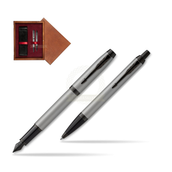 Zestaw Prezentowy Parker Pióro wieczne + Długopis IM Achromatic Grey w pudełku drewnianym Mahoń Double Bordo