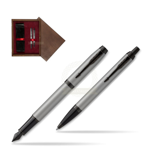 Zestaw Prezentowy Parker Pióro wieczne + Długopis IM Achromatic Grey w pudełku drewnianym Wenge Double Bordo