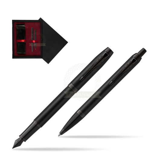 Zestaw Prezentowy Parker Pióro wieczne + Długopis IM Achromatic Black w pudełku drewnianym Czerń Double Bordo
