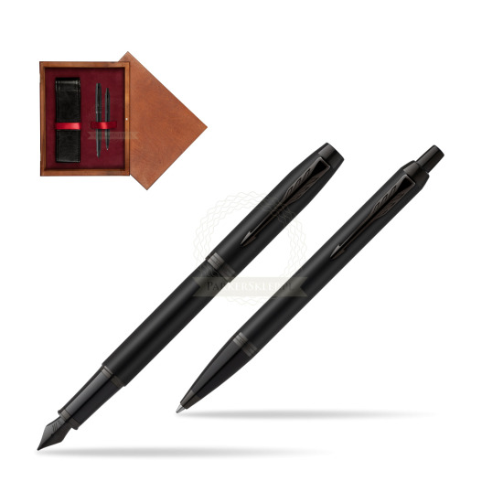 Zestaw Prezentowy Parker Pióro wieczne + Długopis IM Achromatic Black w pudełku drewnianym Mahoń Double Bordo