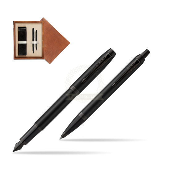Zestaw Prezentowy Parker Pióro wieczne + Długopis IM Achromatic Black w pudełku drewnianym Mahoń Double Ecru