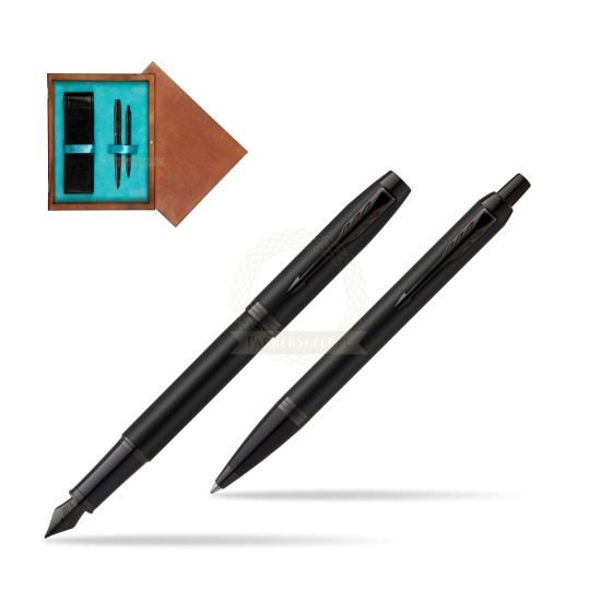 Zestaw Prezentowy Parker Pióro wieczne + Długopis IM Achromatic Black w pudełku drewnianym Mahoń Double Turkus