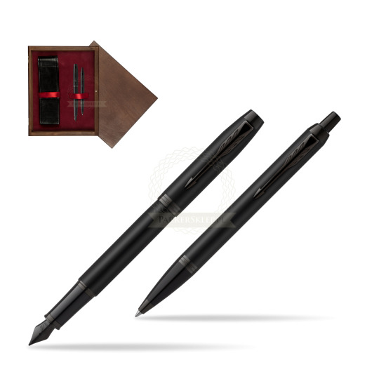 Zestaw Prezentowy Parker Pióro wieczne + Długopis IM Achromatic Black w pudełku drewnianym Wenge Double Bordo