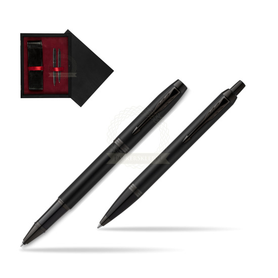 Zestaw Prezentowy Parker Pióro kulkowe + Długopis IM Achromatic Black w pudełku drewnianym Czerń Double Bordo