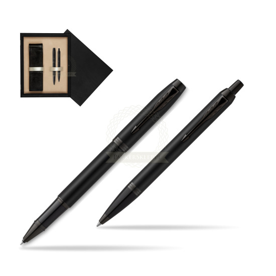 Zestaw Prezentowy Parker Pióro kulkowe + Długopis IM Achromatic Black w pudełku drewnianym Czerń Double Ecru