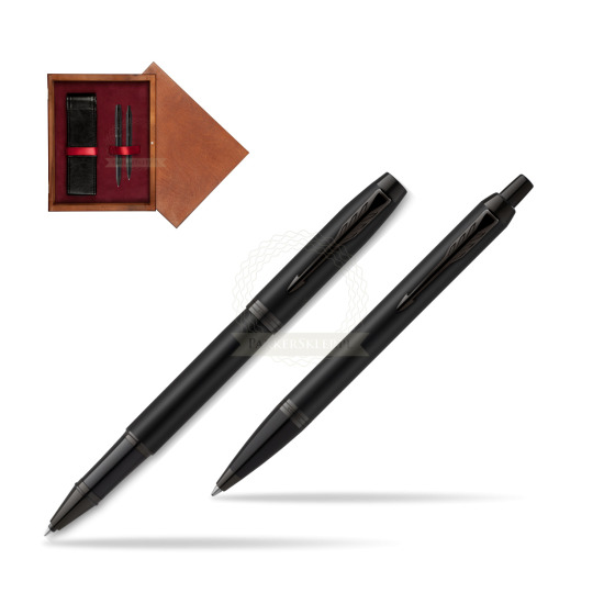 Zestaw Prezentowy Parker Pióro kulkowe + Długopis IM Achromatic Black w pudełku drewnianym Mahoń Double Bordo