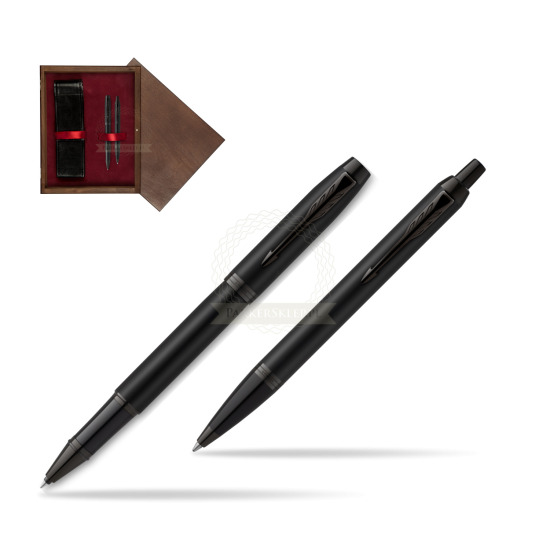 Zestaw Prezentowy Parker Pióro kulkowe + Długopis IM Achromatic Black w pudełku drewnianym Wenge Double Bordo