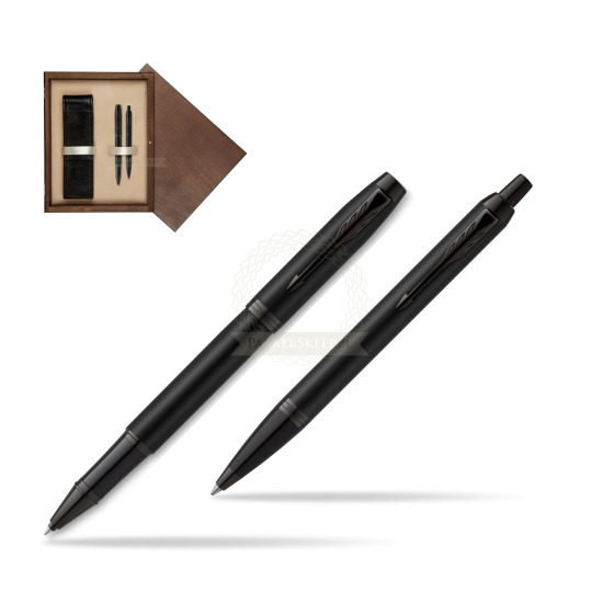 Zestaw Prezentowy Parker Pióro kulkowe + Długopis IM Achromatic Black w pudełku drewnianym Wenge Double Ecru