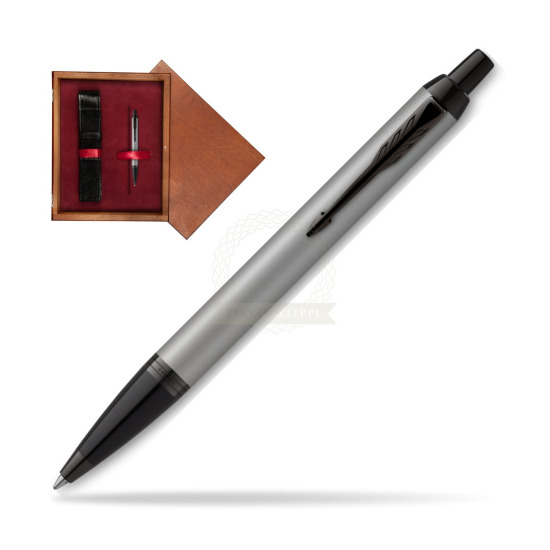 Długopis Parker IM Achromatic Grey w pudełku drewnianym Mahoń Single Bordo