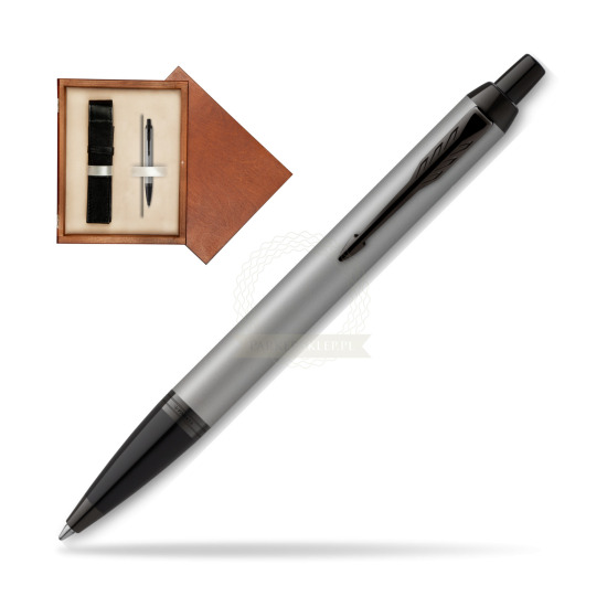 Długopis Parker IM Achromatic Grey w pudełku drewnianym Mahoń Single Ecru