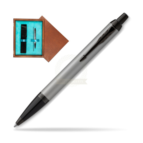 Długopis Parker IM Achromatic Grey w pudełku drewnianym Mahoń Single Turkus