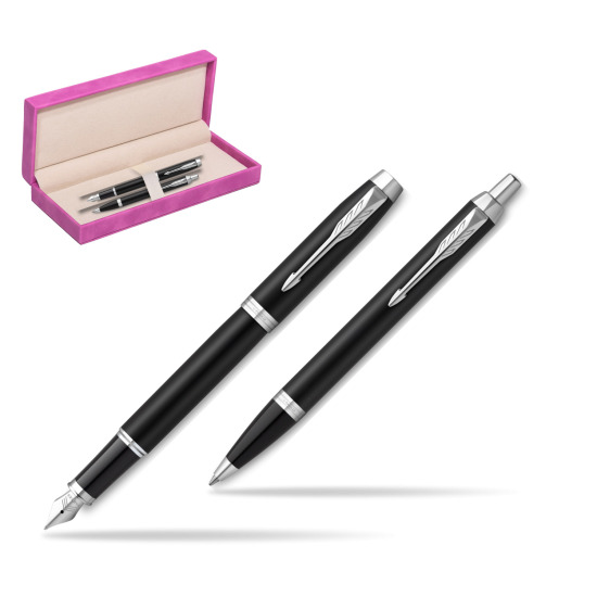 Zestaw Prezentowy Parker Pióro wieczne + Długopis IM Essential czarny mat CT w pudełku zamszowym fuksja