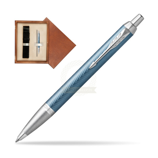 Długopis Parker IM Premium Blue Grey CT w pudełku drewnianym Mahoń Single Ecru