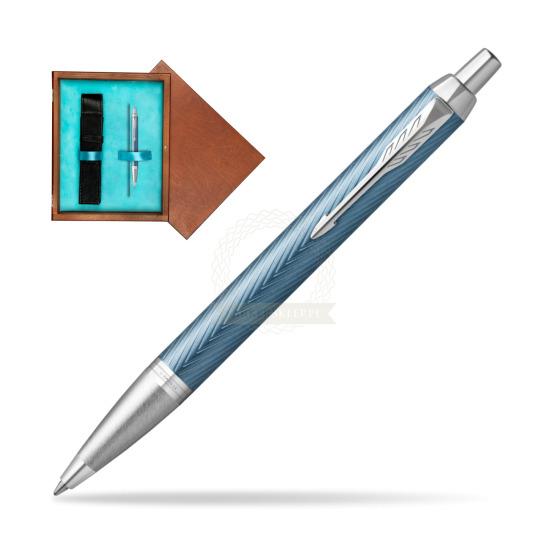 Długopis Parker IM Premium Blue Grey CT w pudełku drewnianym Mahoń Single Turkus