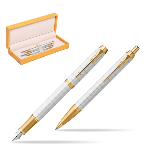 Zestaw Prezentowy Parker Pióro wieczne + Długopis IM Premium Pearl GT w żółtym pudełku zamszowym