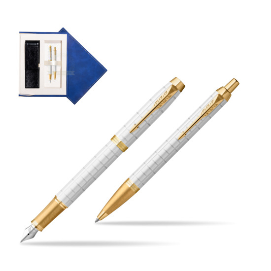 Zestaw Prezentowy Parker Pióro wieczne + Długopis IM Premium Pearl GT w granatowym pudełku zamszowym